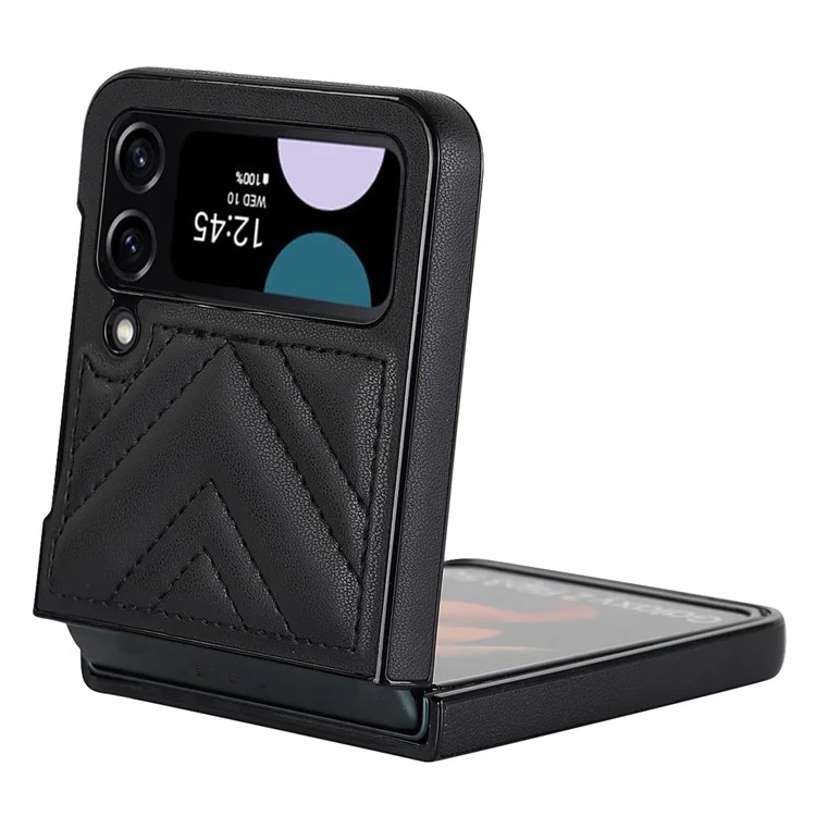 For Samsung Galaxy Z Flip4 5G V-Shape Stitching Phone Case PU Leather Coated PC Anti-Scratch Cover - Black