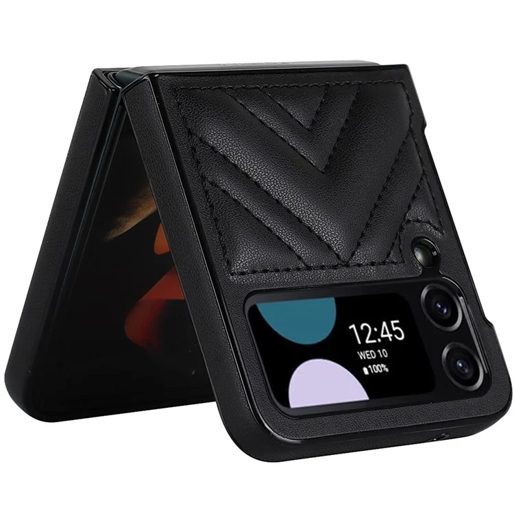 For Samsung Galaxy Z Flip4 5G V-Shape Stitching Phone Case PU Leather Coated PC Anti-Scratch Cover - Black