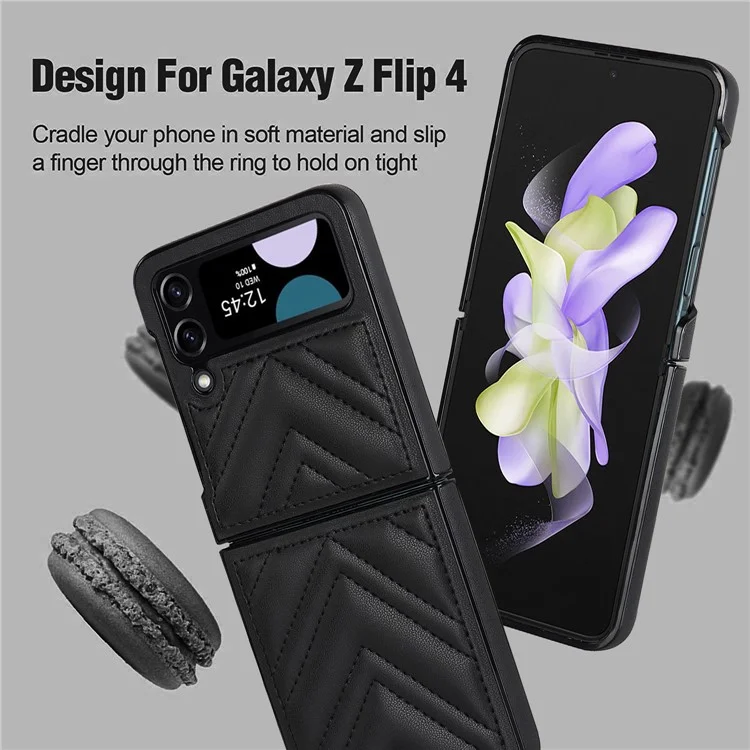 For Samsung Galaxy Z Flip4 5G V-Shape Stitching Phone Case PU Leather Coated PC Anti-Scratch Cover - Black
