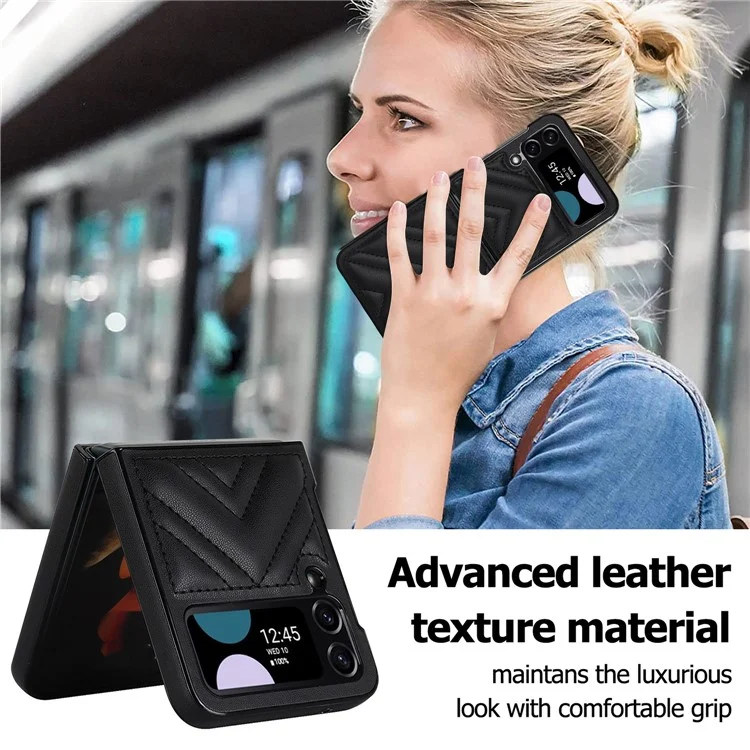 For Samsung Galaxy Z Flip4 5G V-Shape Stitching Phone Case PU Leather Coated PC Anti-Scratch Cover - Black