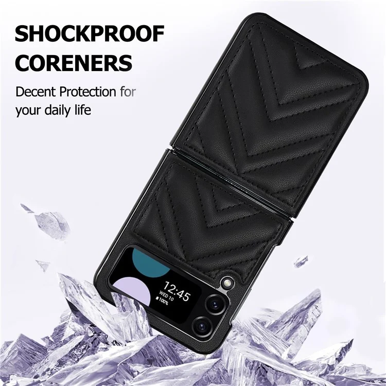 For Samsung Galaxy Z Flip4 5G V-Shape Stitching Phone Case PU Leather Coated PC Anti-Scratch Cover - Black