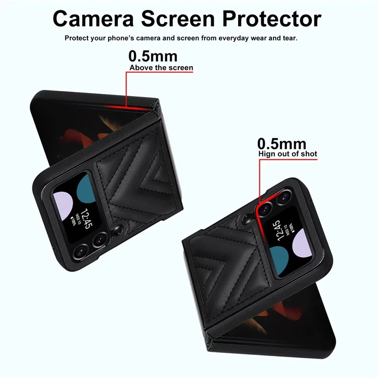 For Samsung Galaxy Z Flip4 5G V-Shape Stitching Phone Case PU Leather Coated PC Anti-Scratch Cover - Black