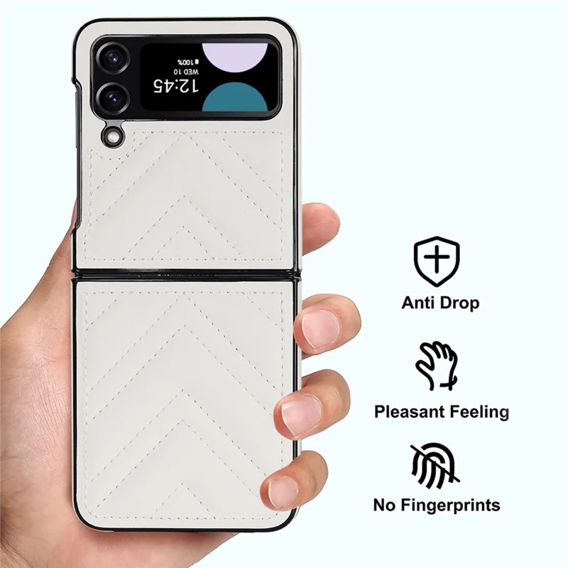 For Samsung Galaxy Z Flip4 5G V-Shape Stitching Phone Case PU Leather Coated PC Anti-Scratch Cover - White
