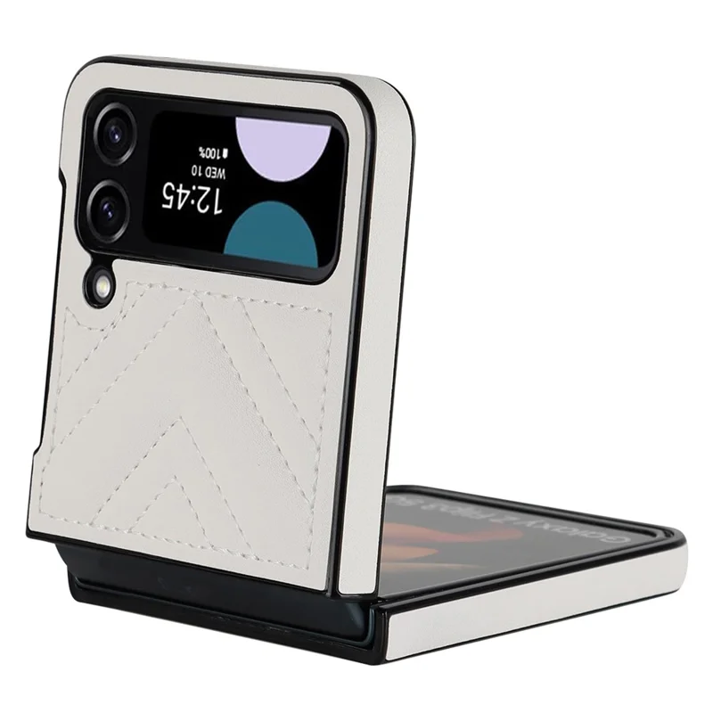 For Samsung Galaxy Z Flip4 5G V-Shape Stitching Phone Case PU Leather Coated PC Anti-Scratch Cover - White
