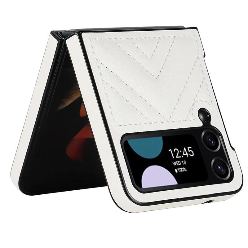 For Samsung Galaxy Z Flip4 5G V-Shape Stitching Phone Case PU Leather Coated PC Anti-Scratch Cover - White