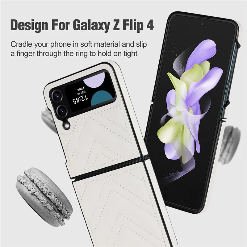 For Samsung Galaxy Z Flip4 5G V-Shape Stitching Phone Case PU Leather Coated PC Anti-Scratch Cover - White