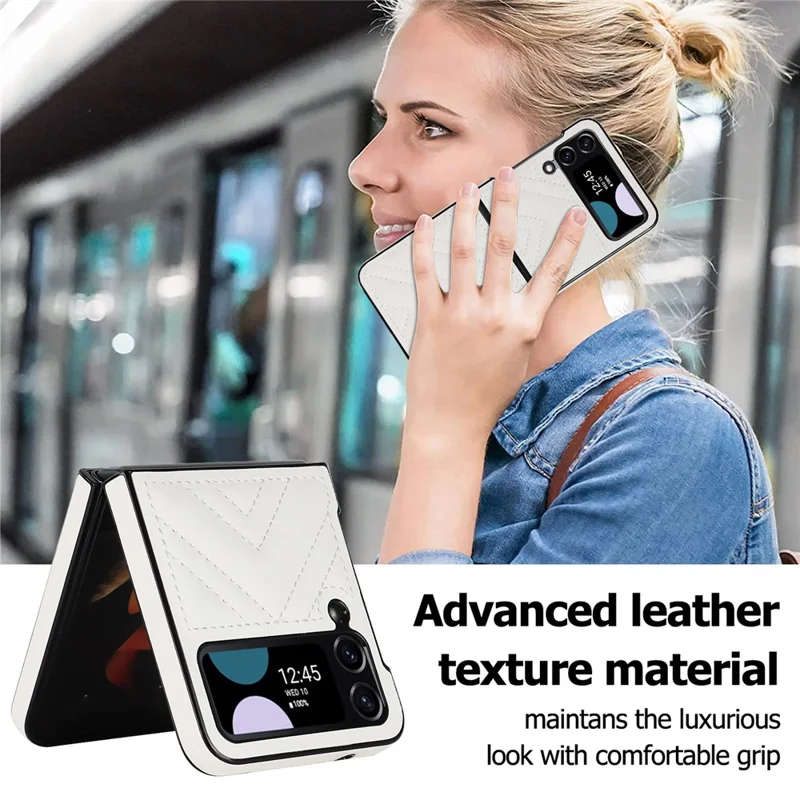 For Samsung Galaxy Z Flip4 5G V-Shape Stitching Phone Case PU Leather Coated PC Anti-Scratch Cover - White
