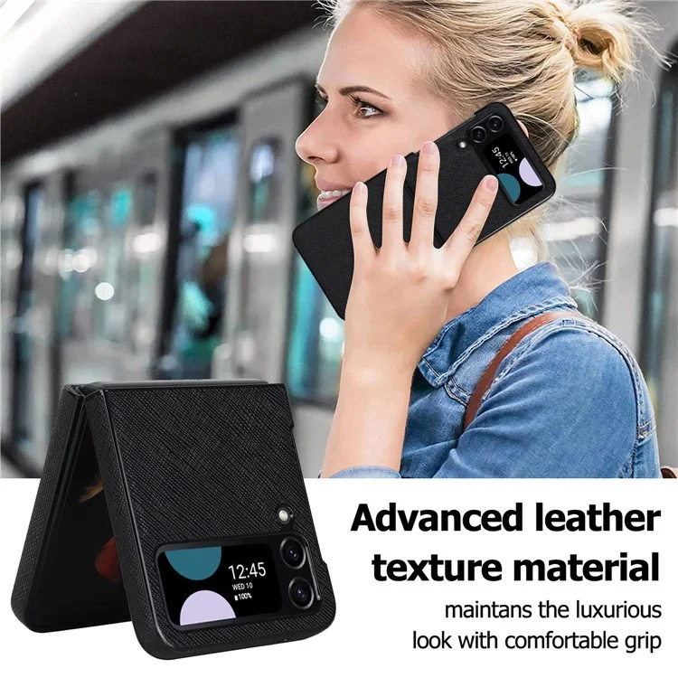 Per Samsung Galaxy Z Flip4 5G Cross Texture Phone Case PU Leather + PC Protective Cover - Nero