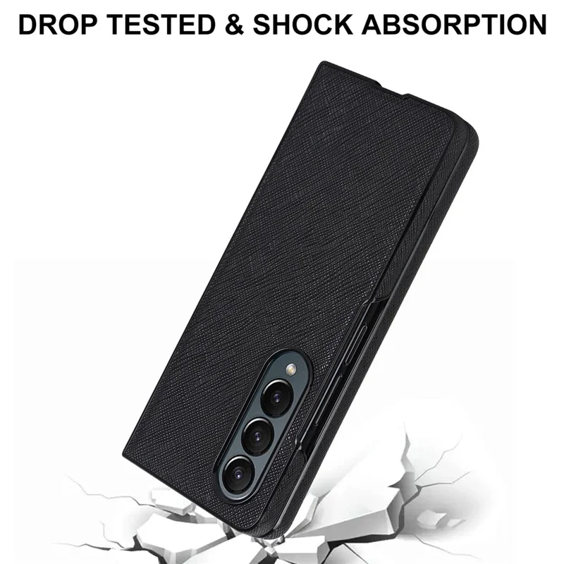 For Samsung Galaxy Z Fold4 5G Shockproof Phone Case PU Leather + PC Cross Texture Cover - Black