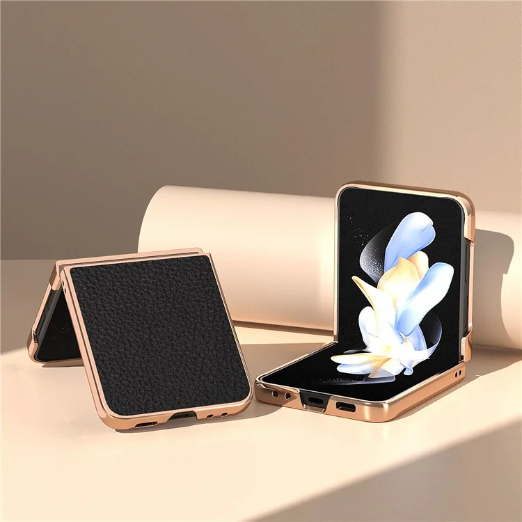 For Samsung Galaxy Z Flip5 5G Litchi Texture Back Cover Genuine Cow Leather Coated PC Electroplating Phone Case - Black