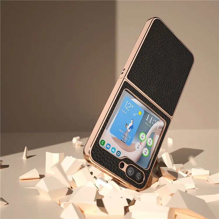 For Samsung Galaxy Z Flip5 5G Litchi Texture Back Cover Genuine Cow Leather Coated PC Electroplating Phone Case - Black