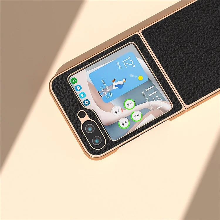 For Samsung Galaxy Z Flip5 5G Litchi Texture Back Cover Genuine Cow Leather Coated PC Electroplating Phone Case - Black