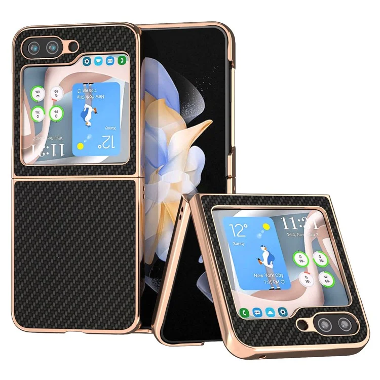 For Samsung Galaxy Z Flip5 5G Carbon Fiber Texture Phone Case PU Leather + PC Electroplating Cover - Black