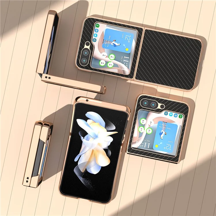 For Samsung Galaxy Z Flip5 5G Carbon Fiber Texture Phone Case PU Leather + PC Electroplating Cover - Black