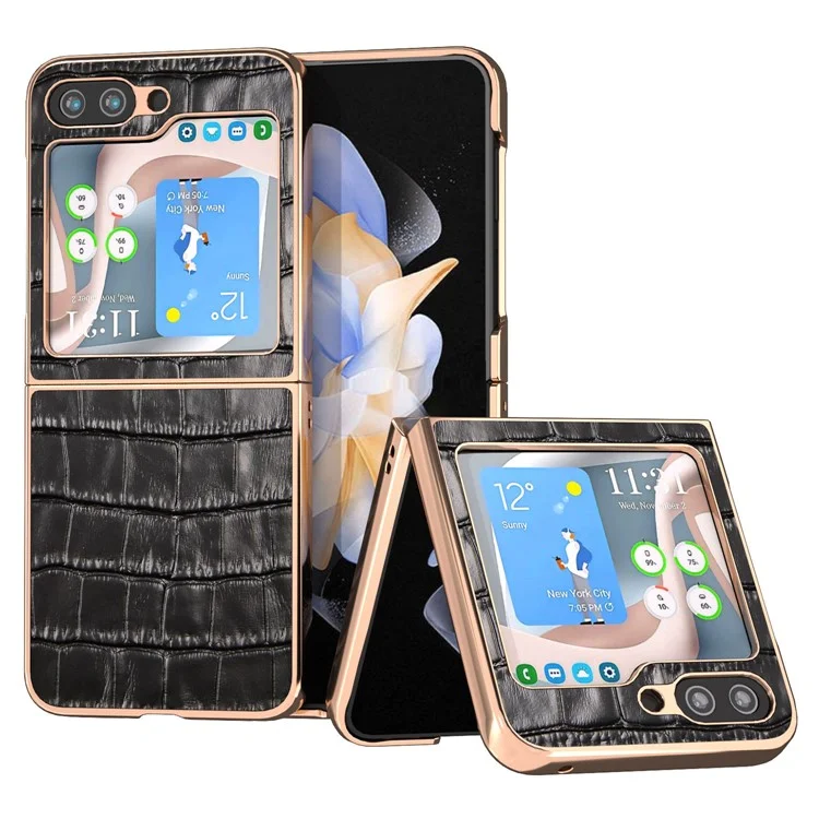 For Samsung Galaxy Z Flip5 5G Crocodile Texture Back Cover Genuine Cow Leather + PC Nano Electroplating Phone Case - Black