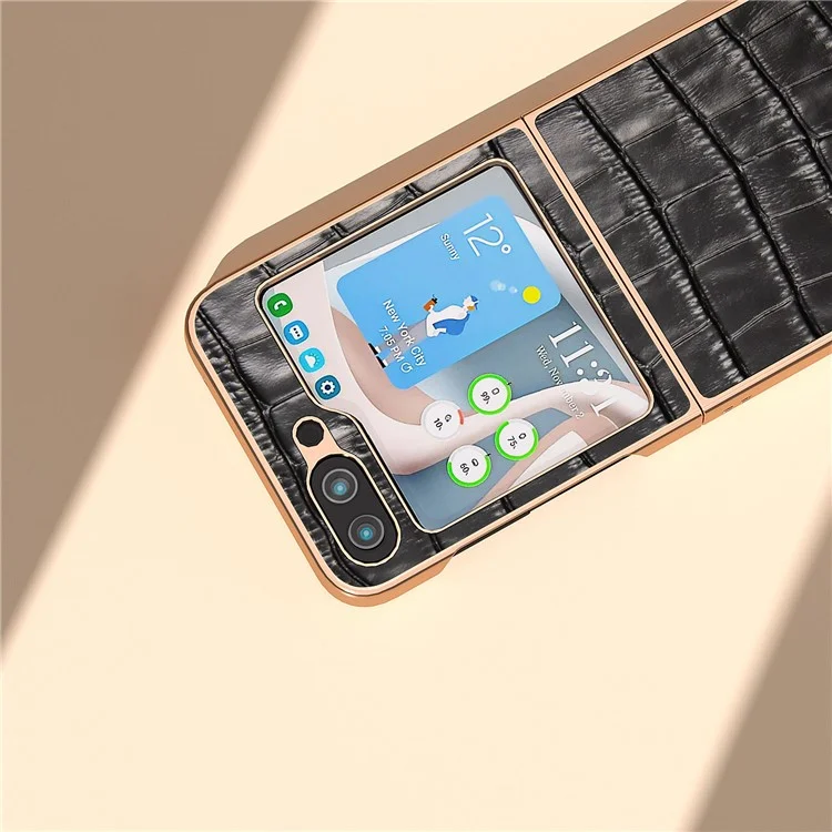 For Samsung Galaxy Z Flip5 5G Crocodile Texture Back Cover Genuine Cow Leather + PC Nano Electroplating Phone Case - Black