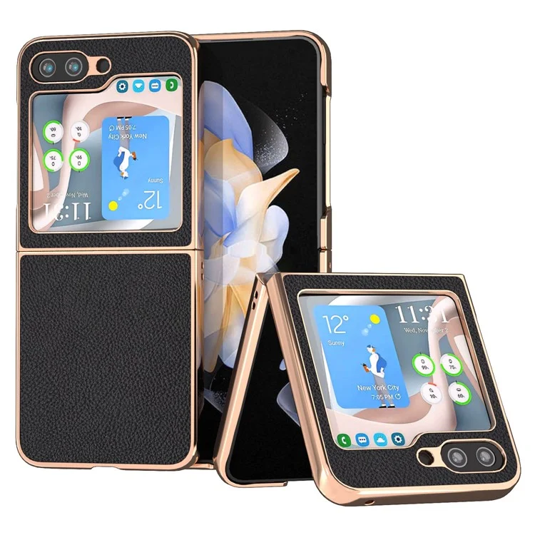 For Samsung Galaxy Z Flip5 5G Litchi Texture Phone Case Genuine Cow Leather + PC Nano Electroplating Cover - Black