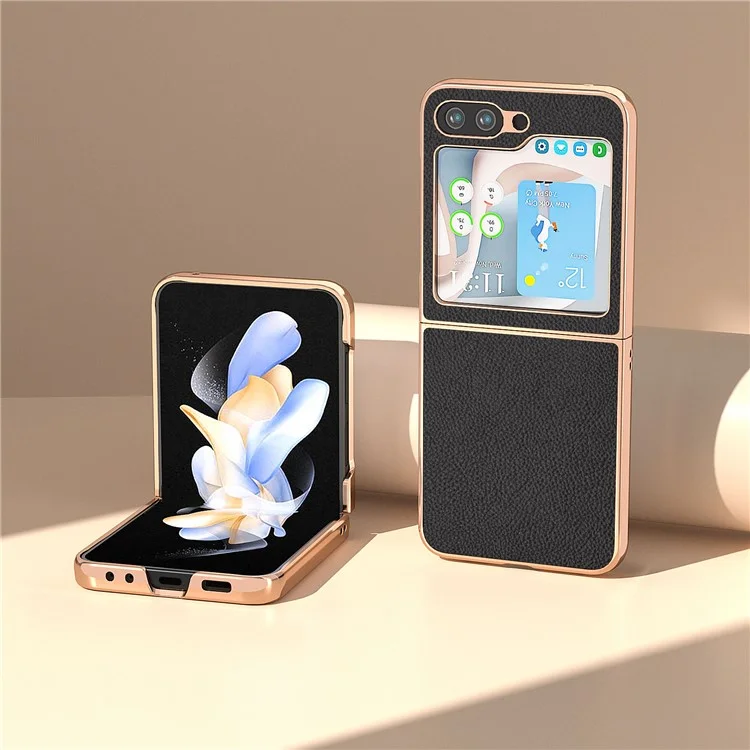 For Samsung Galaxy Z Flip5 5G Litchi Texture Phone Case Genuine Cow Leather + PC Nano Electroplating Cover - Black