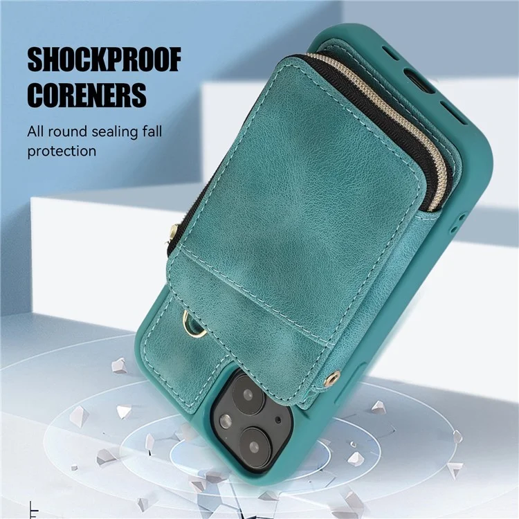 Kickstand Leather Coated TPU Case for iPhone 15 Plus , Zipper Wallet Cell Phone Cover - Green