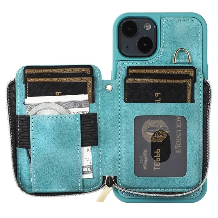 Kickstand Leather Coated TPU Case for iPhone 15 Plus , Zipper Wallet Cell Phone Cover - Green