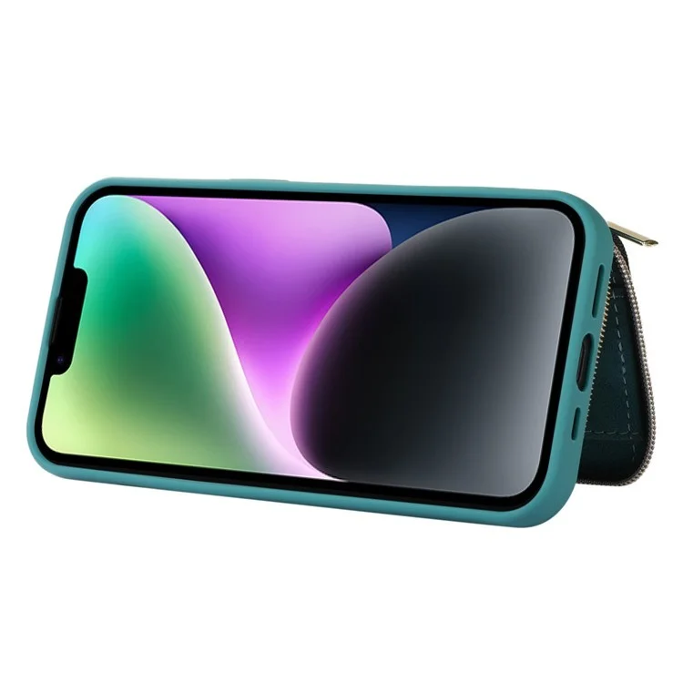Kickstand Leather Coated TPU Case for iPhone 15 Plus , Zipper Wallet Cell Phone Cover - Green