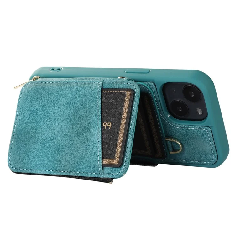 Kickstand Leather Coated TPU Case for iPhone 15 Plus , Zipper Wallet Cell Phone Cover - Green