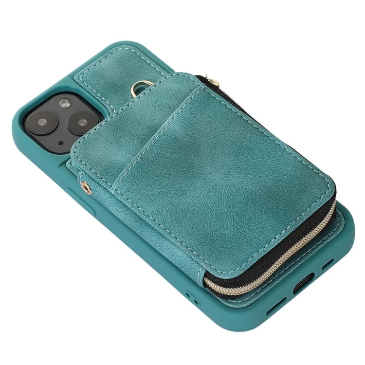 Kickstand Leather Coated TPU Case for iPhone 15 Plus , Zipper Wallet Cell Phone Cover - Green