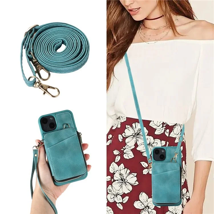 Kickstand Leather Coated TPU Case for iPhone 15 Plus , Zipper Wallet Cell Phone Cover - Green