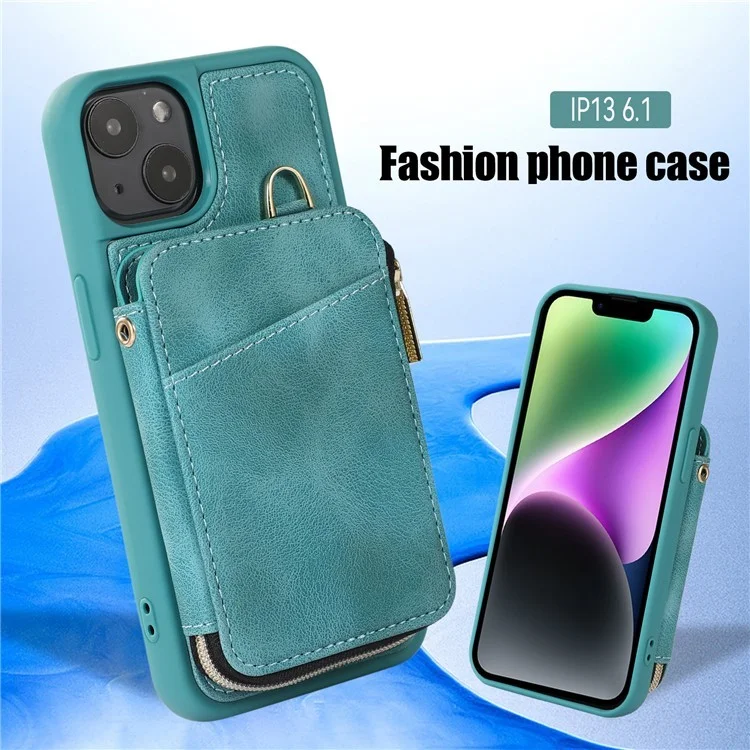 Kickstand Leather Coated TPU Case for iPhone 15 Plus , Zipper Wallet Cell Phone Cover - Green