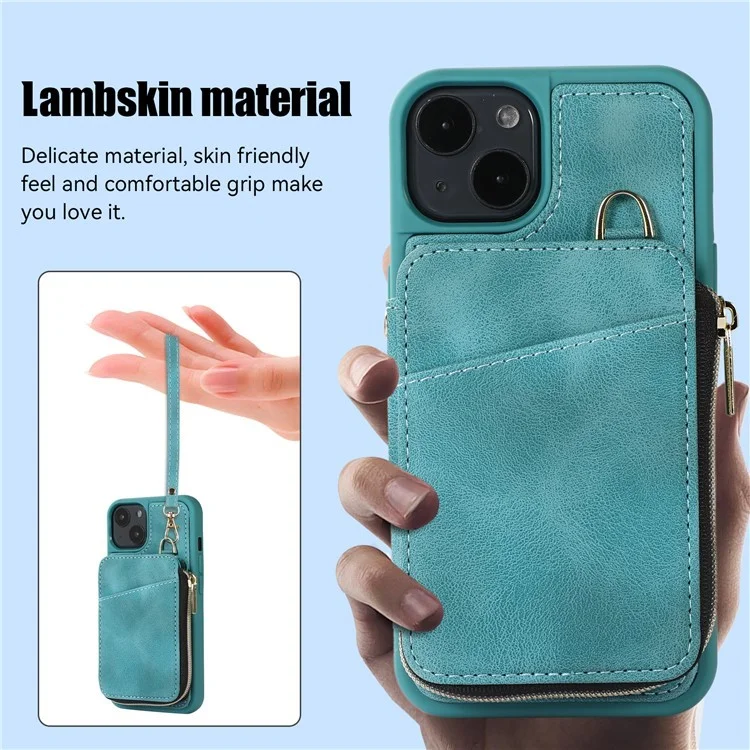Kickstand Leather Coated TPU Case for iPhone 15 Plus , Zipper Wallet Cell Phone Cover - Green