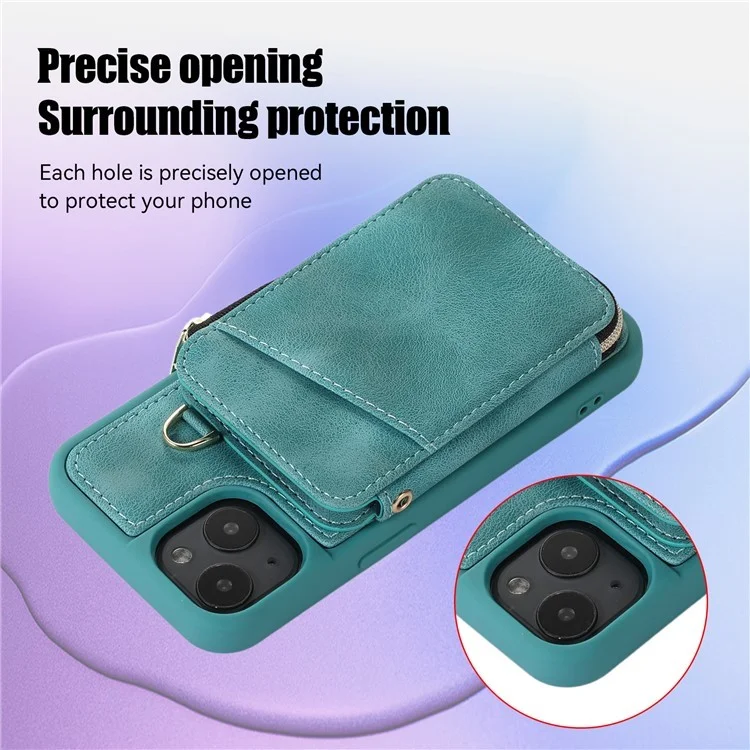 Kickstand Leather Coated TPU Case for iPhone 15 Plus , Zipper Wallet Cell Phone Cover - Green