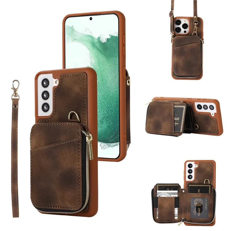Wallet Phone Case for Samsung Galaxy S22 5G , Zipper Design Cover Kickstand PU Leather+TPU Shell - Brown