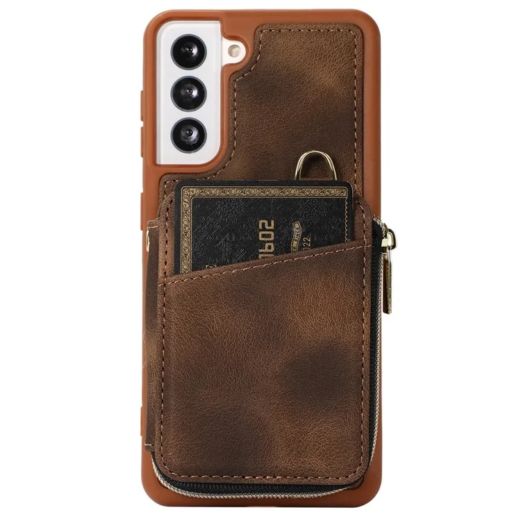 Wallet Phone Case for Samsung Galaxy S22 5G , Zipper Design Cover Kickstand PU Leather+TPU Shell - Brown