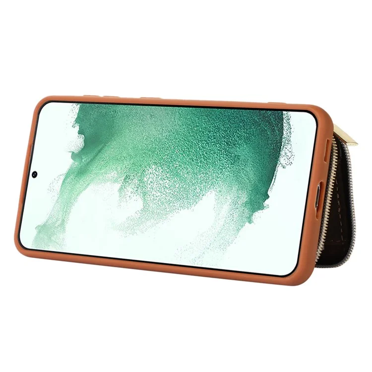 Wallet Phone Case for Samsung Galaxy S22 5G , Zipper Design Cover Kickstand PU Leather+TPU Shell - Brown