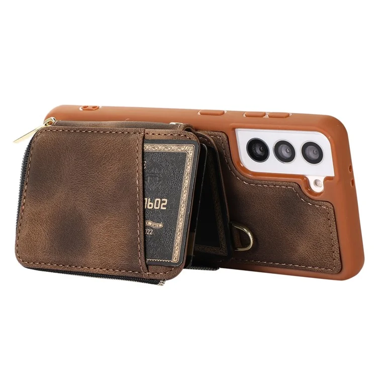 Wallet Phone Case for Samsung Galaxy S22 5G , Zipper Design Cover Kickstand PU Leather+TPU Shell - Brown
