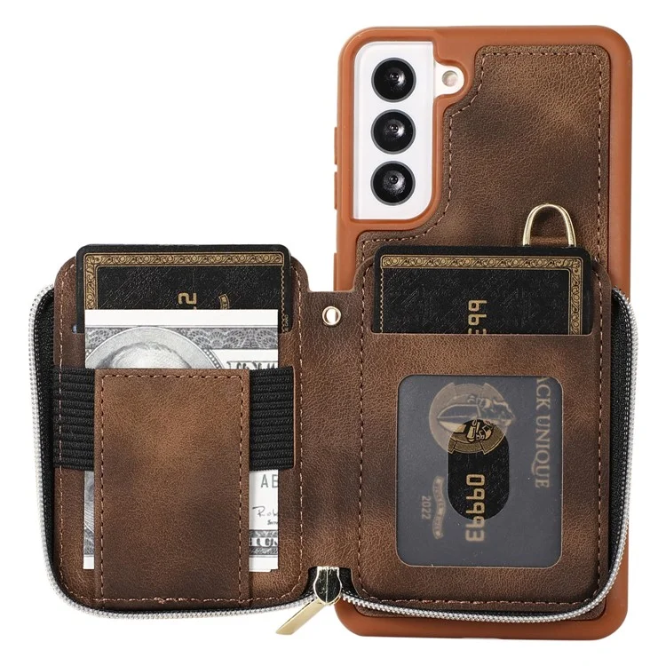Wallet Phone Case for Samsung Galaxy S22 5G , Zipper Design Cover Kickstand PU Leather+TPU Shell - Brown
