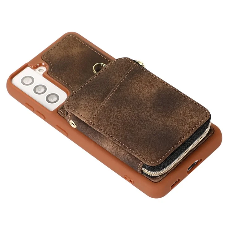 Wallet Phone Case for Samsung Galaxy S22 5G , Zipper Design Cover Kickstand PU Leather+TPU Shell - Brown