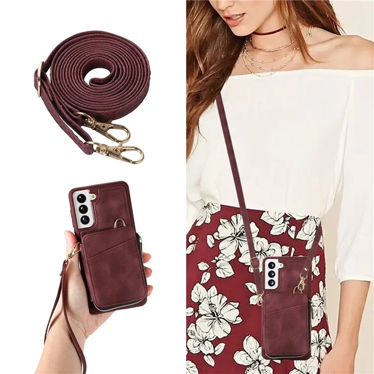 Wallet Phone Case for Samsung Galaxy S22 5G , Zipper Design Cover Kickstand PU Leather+TPU Shell - Brown