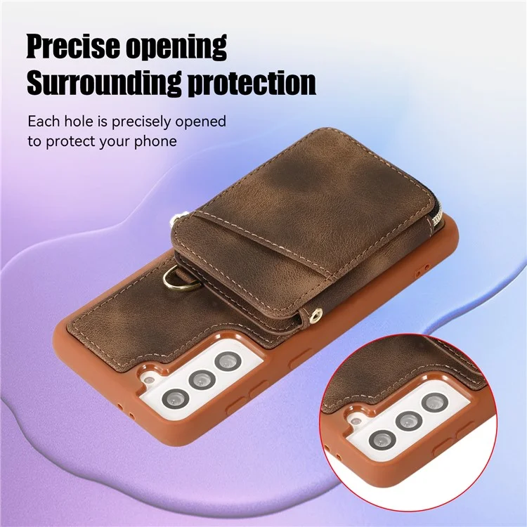 Wallet Phone Case for Samsung Galaxy S22 5G , Zipper Design Cover Kickstand PU Leather+TPU Shell - Brown