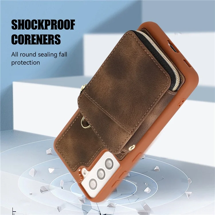 Wallet Phone Case for Samsung Galaxy S22 5G , Zipper Design Cover Kickstand PU Leather+TPU Shell - Brown