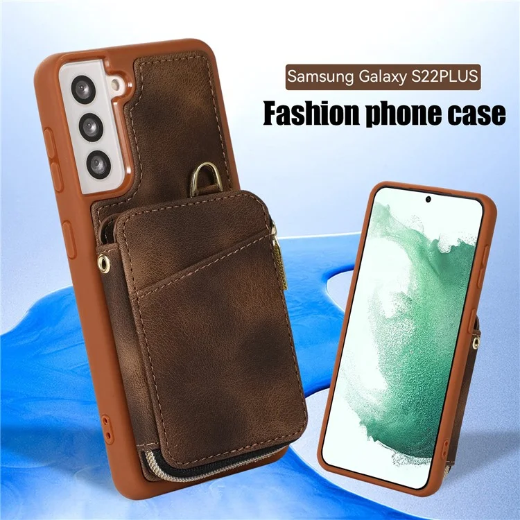 Wallet Phone Case for Samsung Galaxy S22 5G , Zipper Design Cover Kickstand PU Leather+TPU Shell - Brown