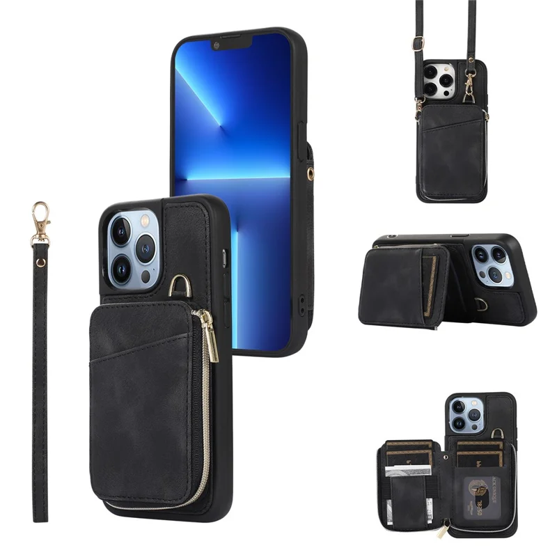 For iPhone 13 Pro Max Slim-Fit Phone Cover Zipper Wallet Phone Cover Kickstand PU Leather+TPU Shell - Black