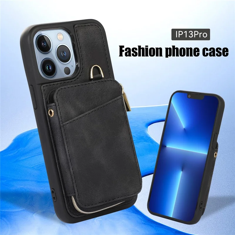 For iPhone 13 Pro Max Slim-Fit Phone Cover Zipper Wallet Phone Cover Kickstand PU Leather+TPU Shell - Black