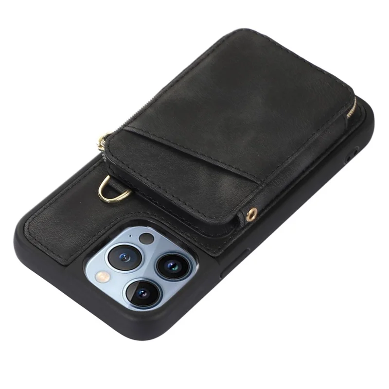 For iPhone 13 Pro Max Slim-Fit Phone Cover Zipper Wallet Phone Cover Kickstand PU Leather+TPU Shell - Black