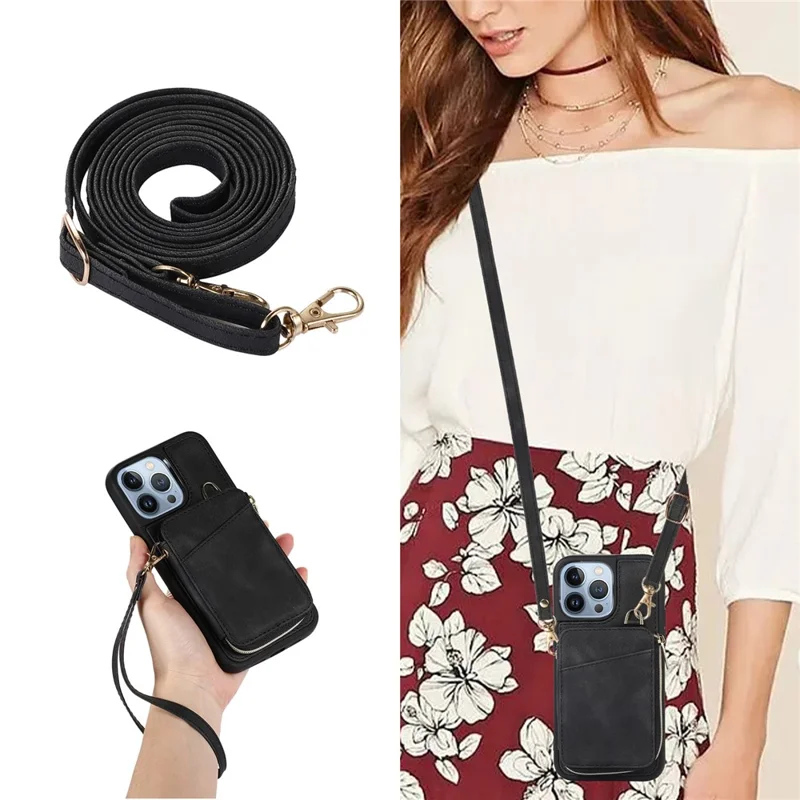 For iPhone 13 Pro Max Slim-Fit Phone Cover Zipper Wallet Phone Cover Kickstand PU Leather+TPU Shell - Black