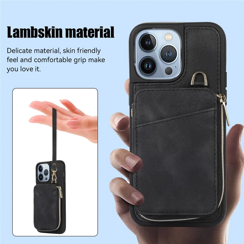 For iPhone 13 Pro Max Slim-Fit Phone Cover Zipper Wallet Phone Cover Kickstand PU Leather+TPU Shell - Black