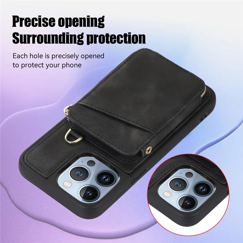 For iPhone 13 Pro Max Slim-Fit Phone Cover Zipper Wallet Phone Cover Kickstand PU Leather+TPU Shell - Black