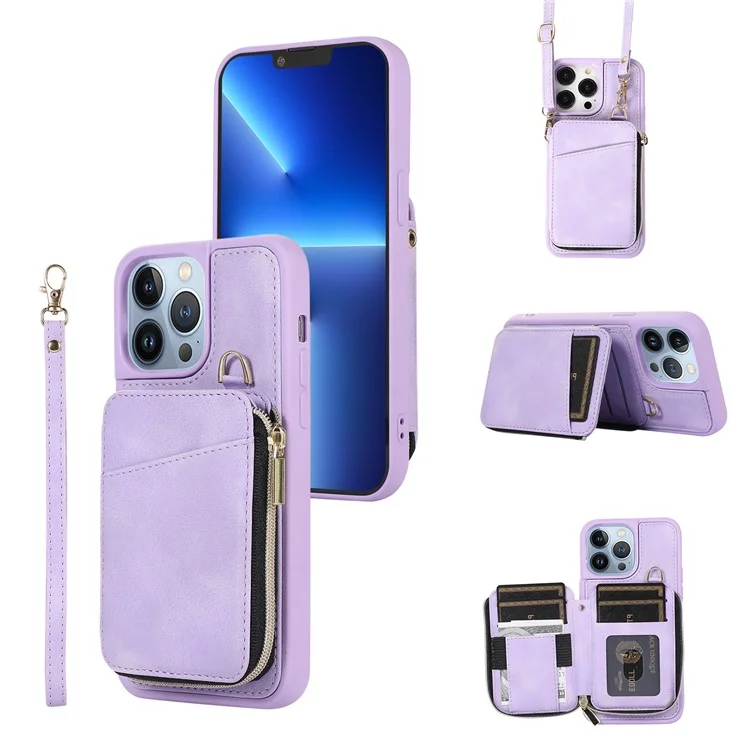 Para iPhone 13 Pro Kickstand Zipper Phone Case Wallet Cover PU Leather+TPU Phone Shell - Púrpura