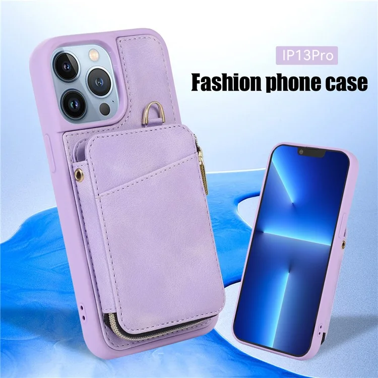 Para iPhone 13 Pro Kickstand Zipper Phone Case Wallet Cover PU Leather+TPU Phone Shell - Púrpura