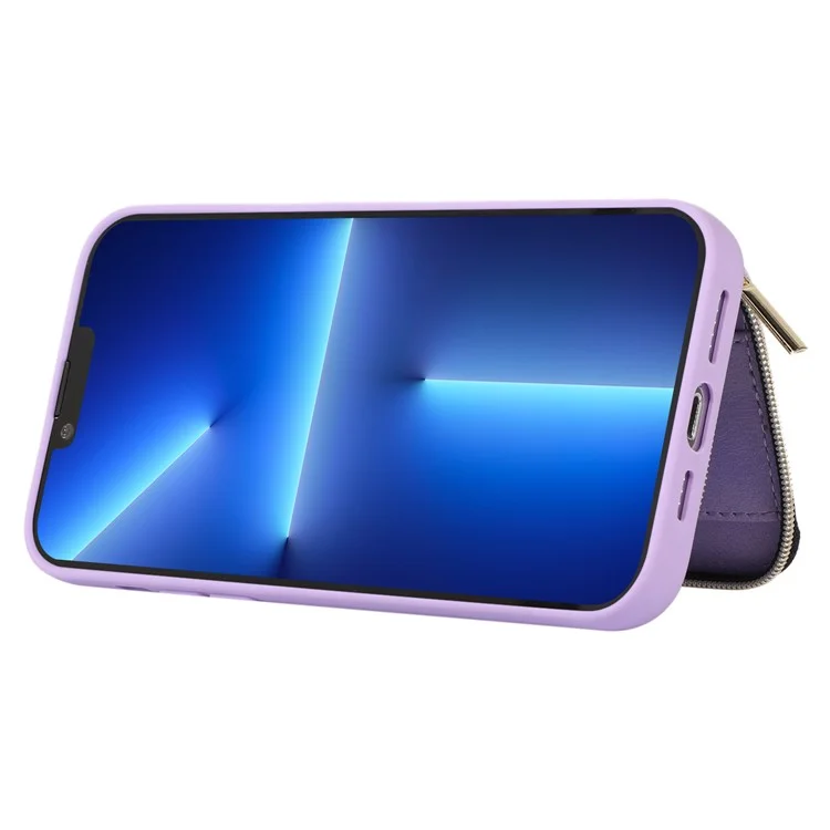 Para iPhone 13 Pro Kickstand Zipper Phone Case Wallet Cover PU Leather+TPU Phone Shell - Púrpura